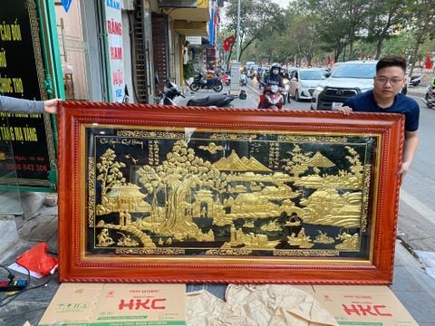 Tranh đồng quê dát vàng 24k kích thước 1m2x2m3 khung gỗ hương