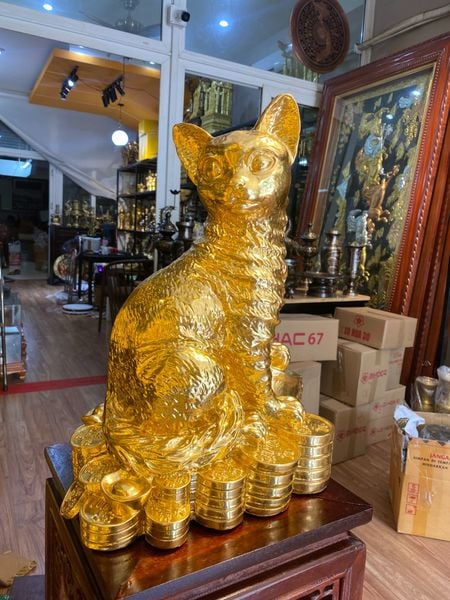 Tượng mèo mạ vàng 24k bằng đồng cao 45cm