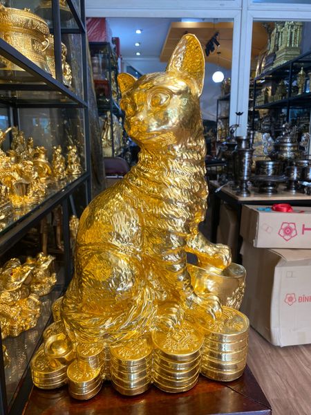 Tượng mèo mạ vàng 24k bằng đồng cao 45cm