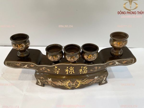 Bộ ngai chén thờ cúng bằng đồng đỏ khảm tam khí cao 9,5 ngang 36cm nặng 3,7kg