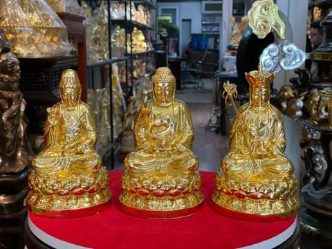 Tây phương tam thánh bằng đồng dát vàng 17cm