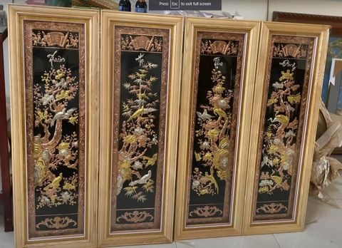 Tranh tứ quý bằng đồng dát vàng 1m2*1m6