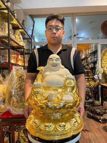 Tượng Di Lặc tọa đài sen dát vàng 24k vẽ màu cao 50cm