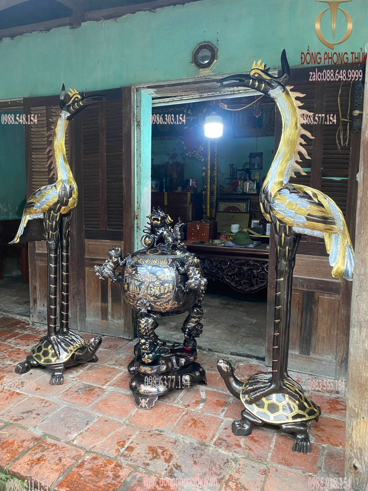 Thất lân vờn cầu khảm tam khí 1m2 + đôi hạc đồng 1m97