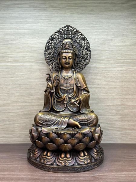 Quan Âm hào quang cao 45cm màu hun giả cổ