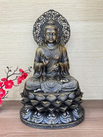 Tượng Bổn Sư Thích Ca tọa đài sen bằng đồng cao 43 ngang 26 sâu 20