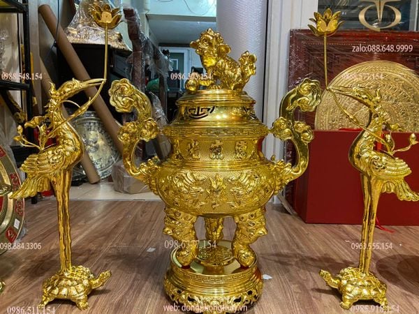 Bộ đỉnh đồng thờ ngũ sự 65cm 38kg dát vàng nano