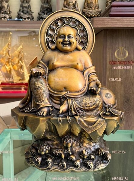Tượng di lặc bằng đồng màu hun nâu cao 45 ngang 32 sâu 18 nặng 12kg