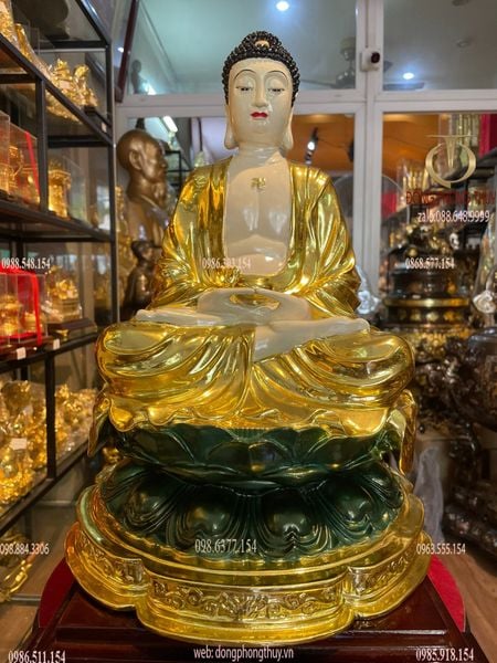 Tượng phật A Di Đà bằng đồng dát vàng vẽ màu Cao 43 ngang 28 sâu 28 nặng 9kg