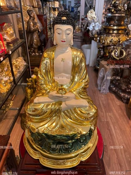 Tượng phật A Di Đà bằng đồng dát vàng vẽ màu Cao 43 ngang 28 sâu 28 nặng 9kg