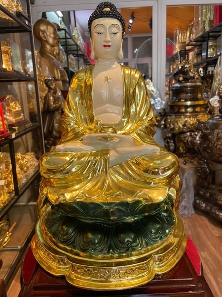 Tượng phật A Di Đà bằng đồng dát vàng vẽ màu Cao 43 ngang 28 sâu 28 nặng 9kg