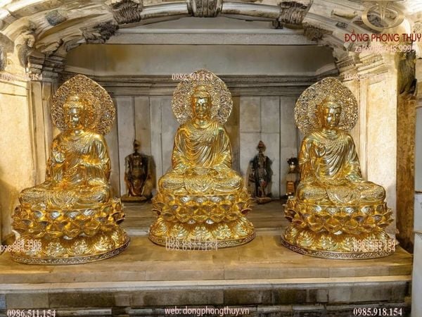 Tượng Bổn Sư Thích Ca Chuyển Pháp Luân bằng đồng dát vàng 24K cao 45, ngang 26, sâu 23, nặng 41,8kg