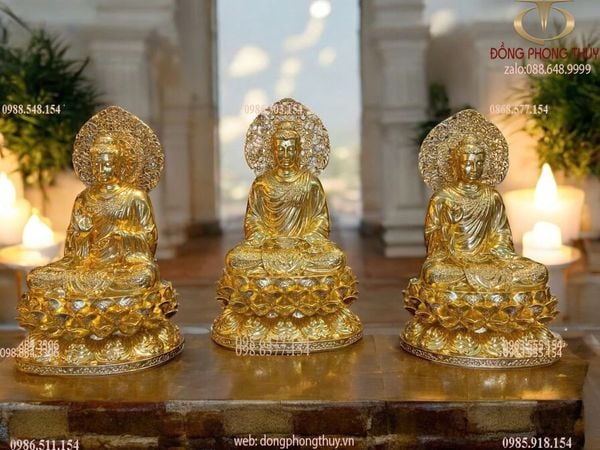 Tượng Bổn Sư Thích Ca Chuyển Pháp Luân bằng đồng dát vàng 24K cao 45, ngang 26, sâu 23, nặng 41,8kg