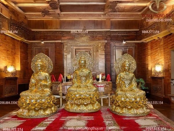 Tượng Bổn Sư Thích Ca Chuyển Pháp Luân bằng đồng dát vàng 24K cao 45, ngang 26, sâu 23, nặng 41,8kg