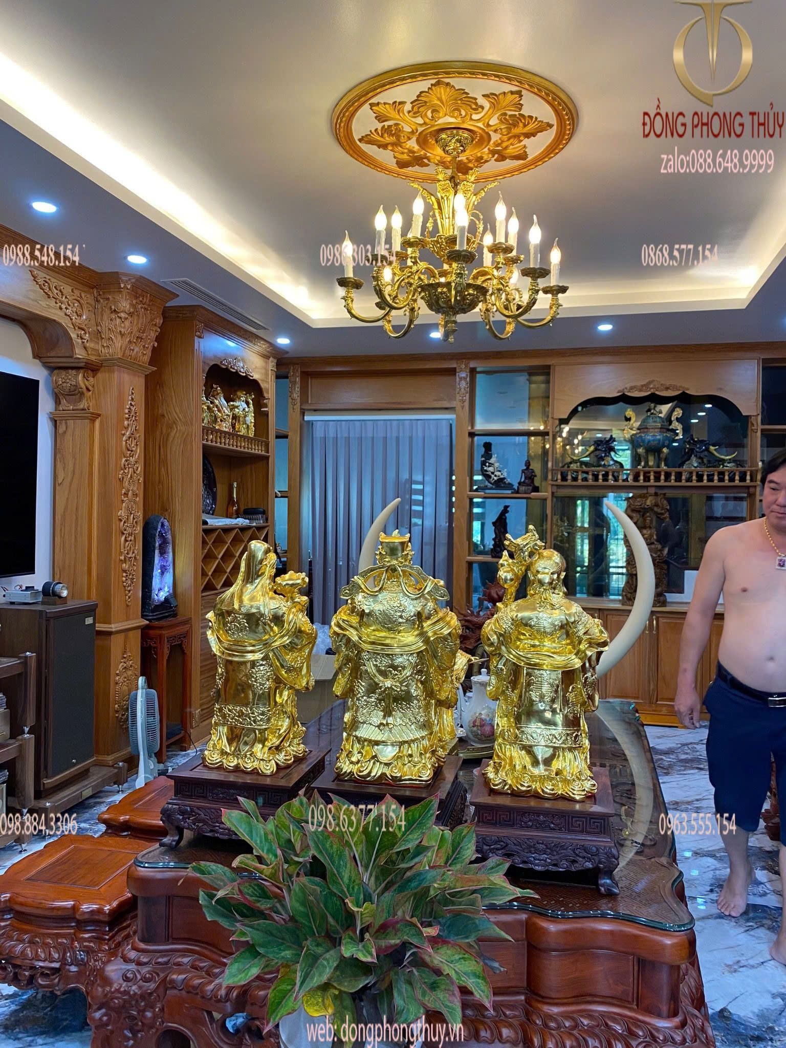 Tượng phúc lộc thọ bằng đồng dát vàng 24k cao 55cm
