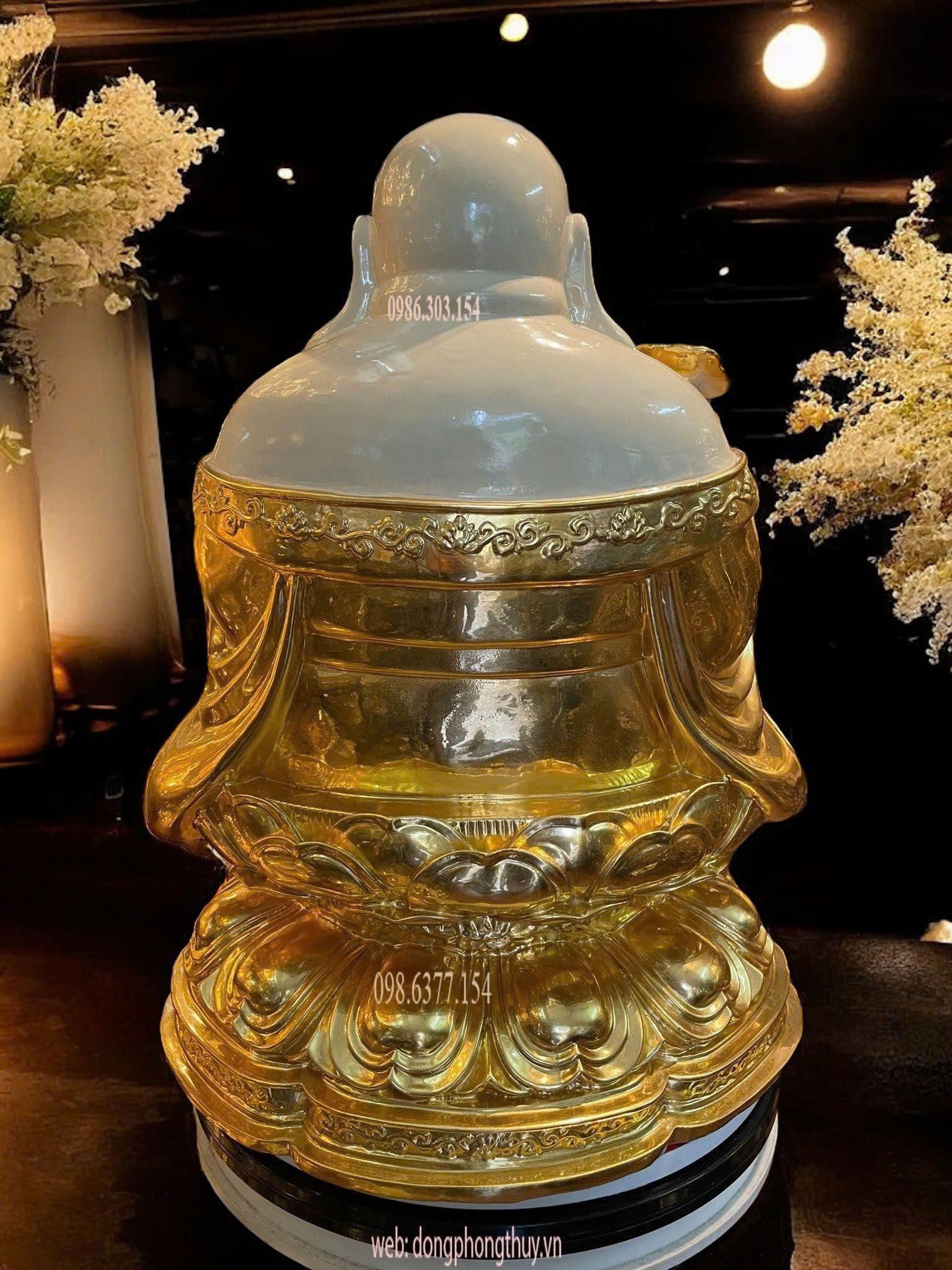 Tượng Di Lặc tọa đài sen dát vàng vẽ màu cao 50cm