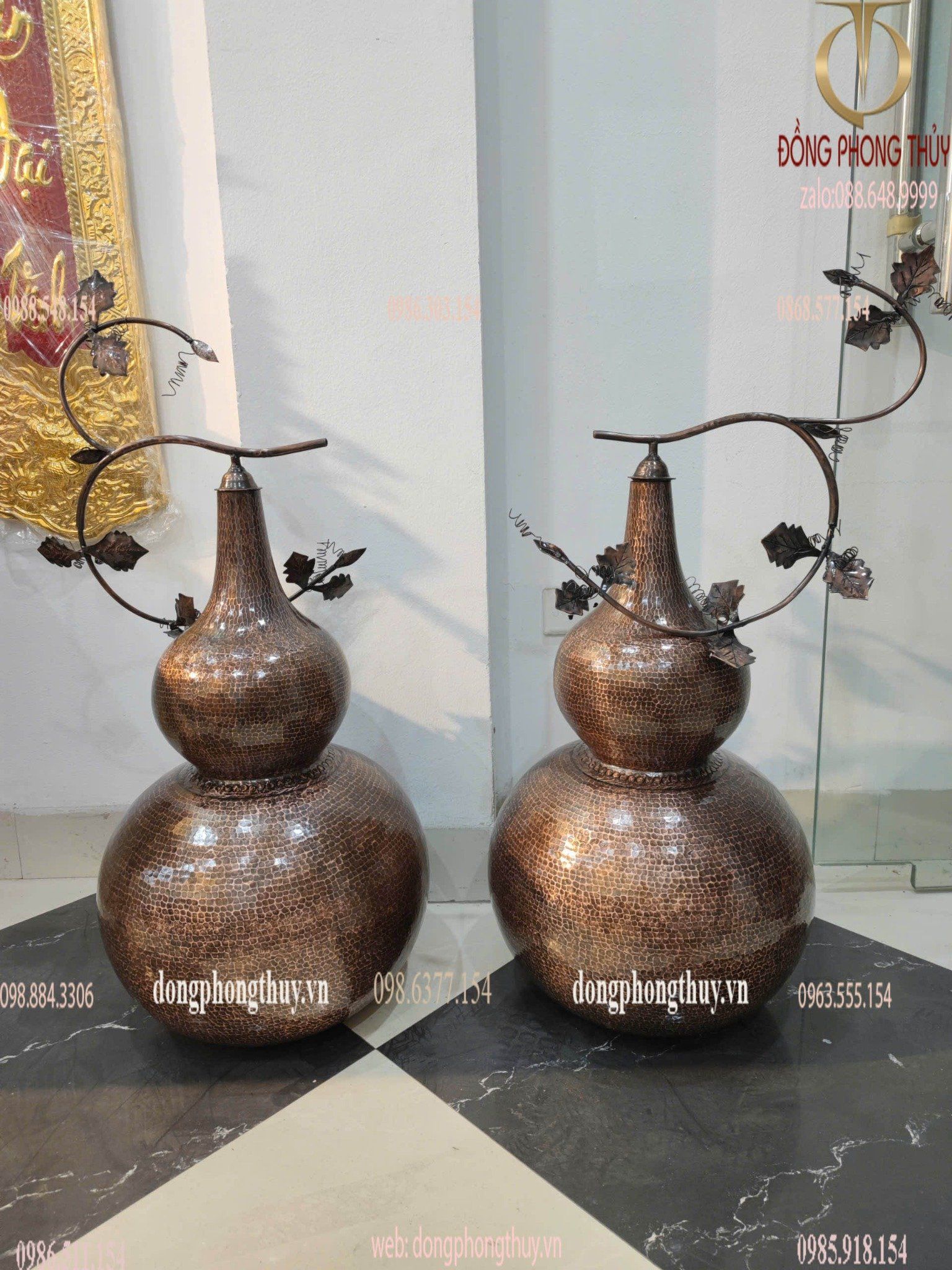 Đôi hồ lô bằng đồng đỏ gò thủ công Cao 81 đến đỉnh, cao 60 tới nắp đk 40