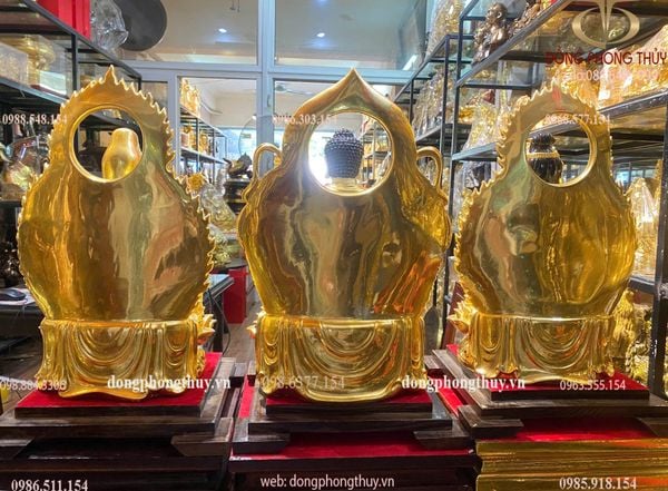 Tây Phương Tam Thánh cao 43cm nặng 38kg dát vàng 24k, vẽ màu, đính đá