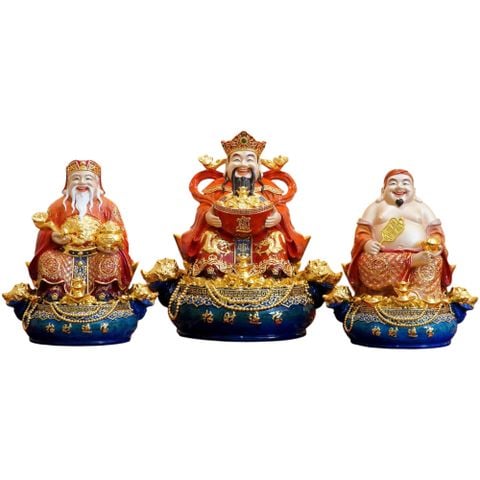 Thần Tài - Thần Tiền - Thổ Địa bằng đồng dát vàng 24k vẽ gấm đỏ cao 30cm