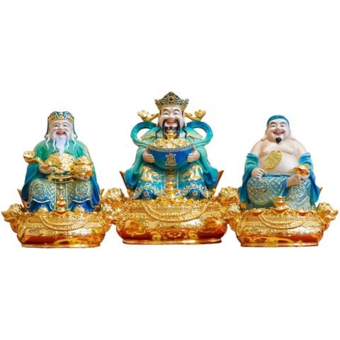 Thần Tài - Thần Tiền - Thổ Địa bằng đồng dát vàng 24k vẽ gấm xanh cao 30cm