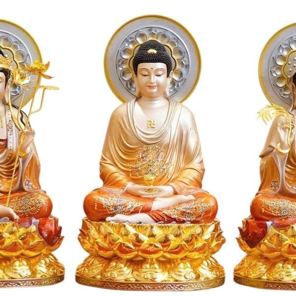 Ta bà tam thánh bằng đồng dát vàng 24k, vẽ gấm cao 30 sâu 20 ngang 20cm nặng 11,1kg