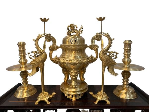 Bộ đỉnh đồng Ngũ sự cát tút hoa sòi cao 65cm nặng 34,7kg