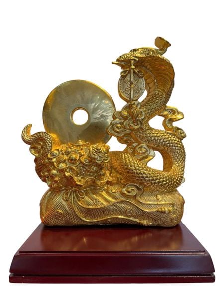Tượng rắn ôm đồng tiền bằng đồng dát vàng 24k Cao 31 ngang 23 sâu 9 nặng 5,5kg