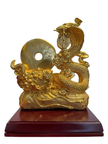 Tượng rắn ôm đồng tiền bằng đồng dát vàng 24k Cao 31 ngang 23 sâu 9 nặng 5,5kg