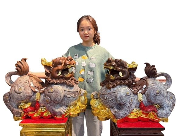 Đôi tỳ hưu đực cái bằng đồng dát vàng cao 47 ngang 60 sâu 23 nặng 54kg