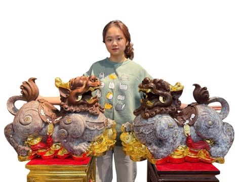 Đôi tỳ hưu đực cái bằng đồng dát vàng cao 47 ngang 60 sâu 23 nặng 54kg