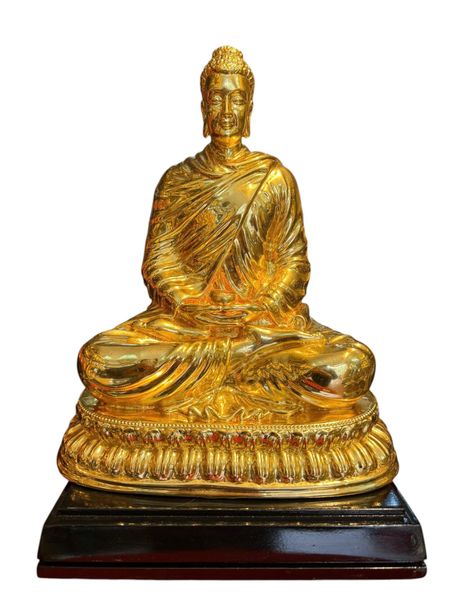 Tượng Thích Ca bằng đồng hun tọa đài sen cao 30cm dát vàng 24k