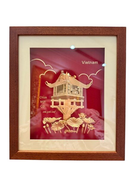 Tranh chùa một cột mạ vàng 24k 30x25cm nền đỏ