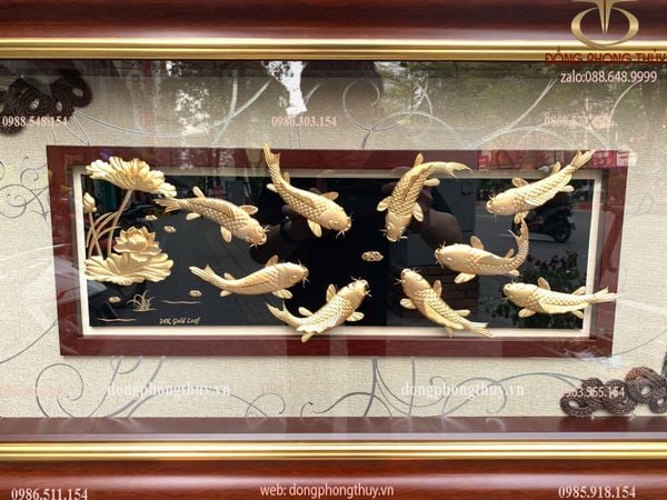 Tranh hoa sen mạ vàng cửu ngư quần hội 24k 48x108cm