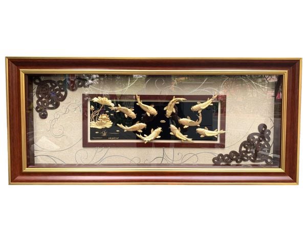 Tranh hoa sen mạ vàng cửu ngư quần hội 24k 48x108cm