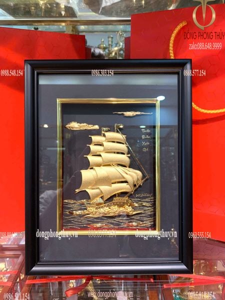 Tranh thuyền buồm mạ vàng 24k  - tranh thuận buồm xuôi gió 25x32cm