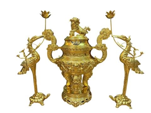 Bộ Tam sự hạc đỉnh cao 65, hạc cao 68cm chữ Việt dát vàng