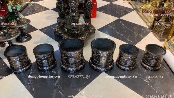Bộ 6 bát hương đồng ngũ sắc bên RỒNG bên PHƯỢNG 2 bát 23cm+4 bát 18