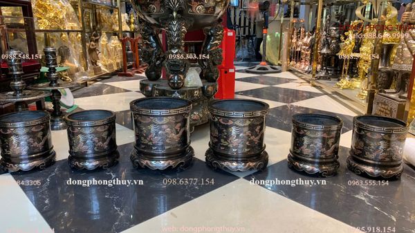 Bộ 6 bát hương đồng ngũ sắc bên RỒNG bên PHƯỢNG 2 bát 23cm+4 bát 18