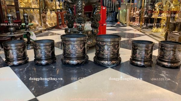 Bộ 6 bát hương đồng ngũ sắc bên RỒNG bên PHƯỢNG 2 bát 23cm+4 bát 18