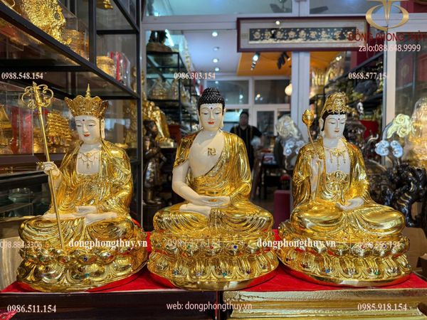 Ta bà tam thánh 30cm bằng đồng dát vàng