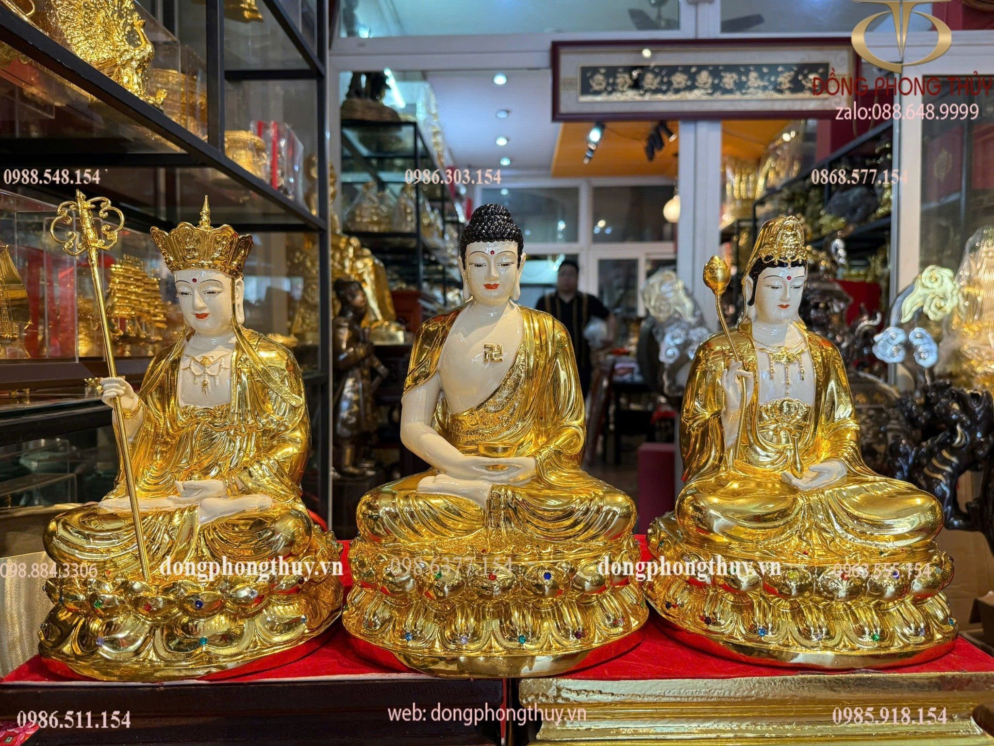 Ta bà tam thánh 30cm bằng đồng dát vàng