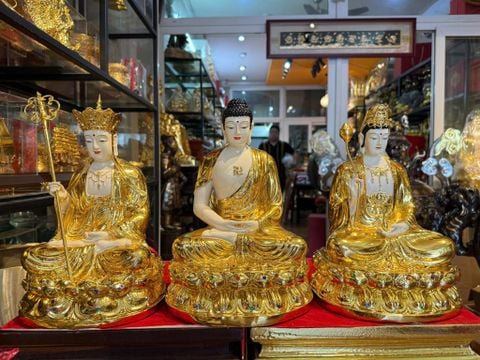 Ta bà tam thánh 30cm bằng đồng dát vàng