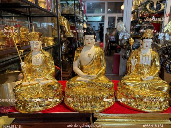 Ta bà tam thánh 30cm bằng đồng dát vàng