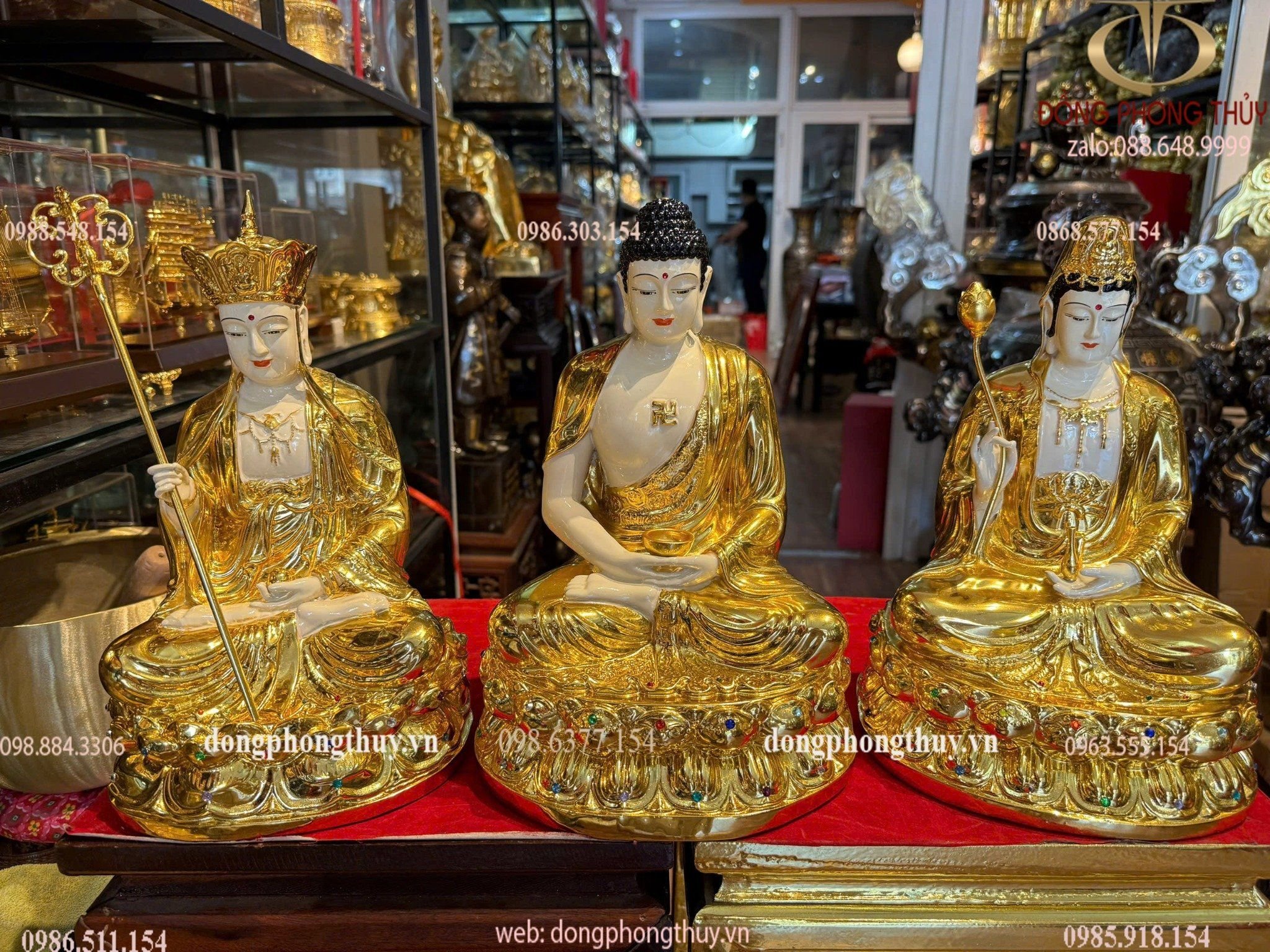 Ta bà tam thánh 30cm bằng đồng dát vàng