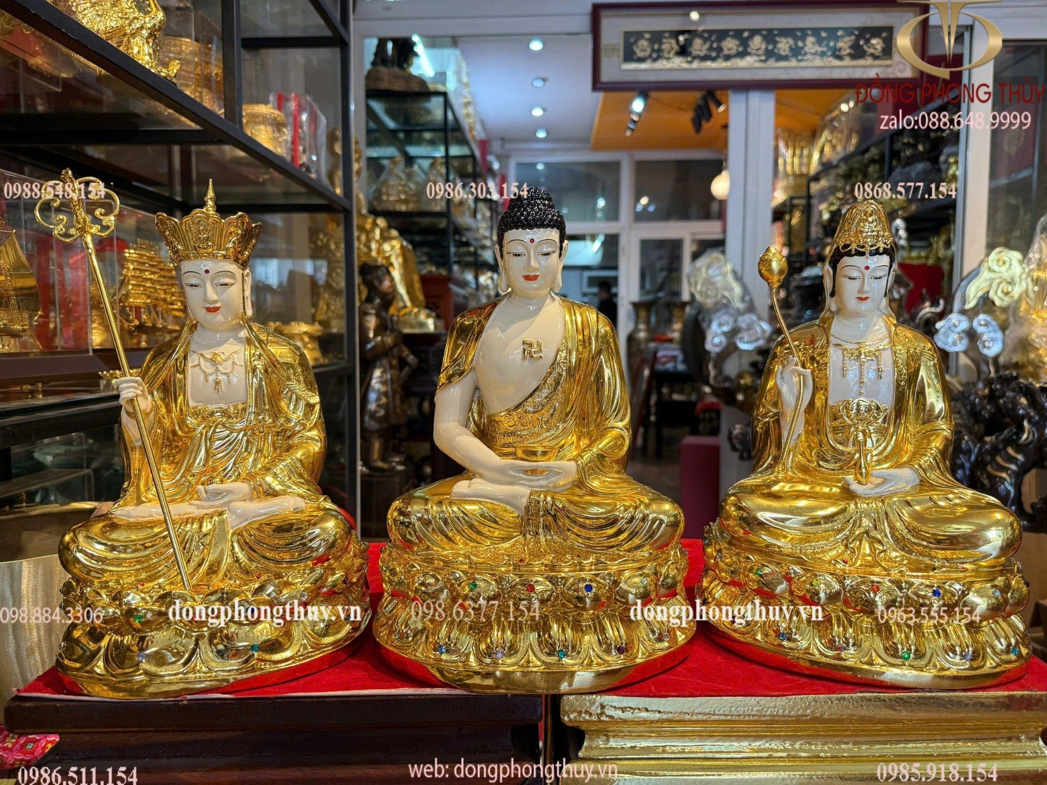 Ta bà tam thánh 30cm bằng đồng dát vàng