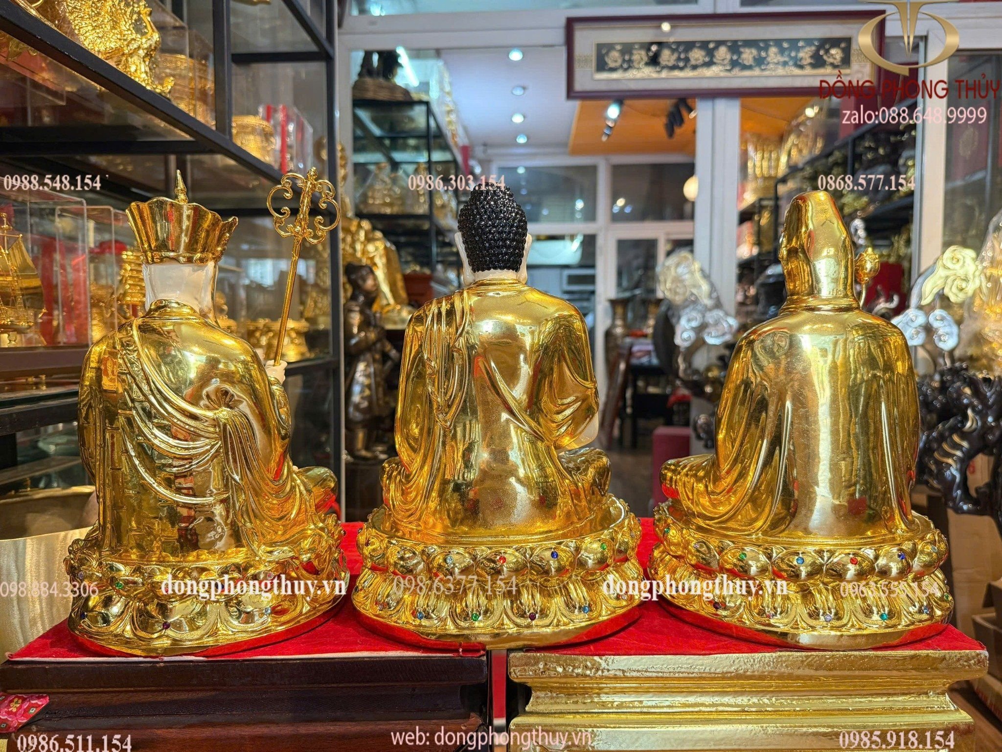 Ta bà tam thánh 30cm bằng đồng dát vàng