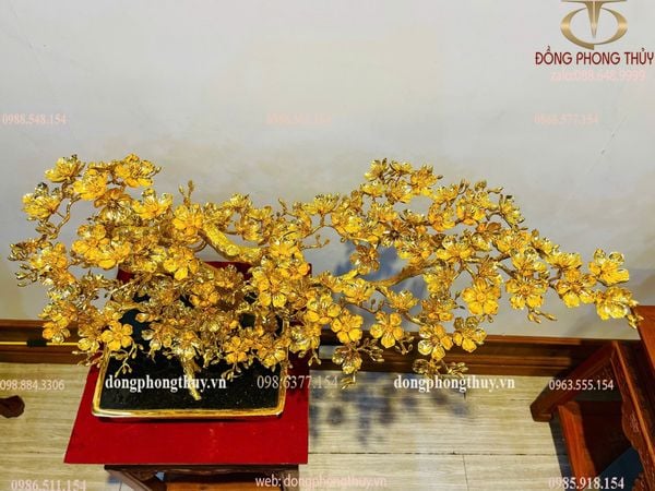 Chậu mai bằng đồng mạ vàng 24k cao 42 ngang 75 rông 35 nặng 10kg