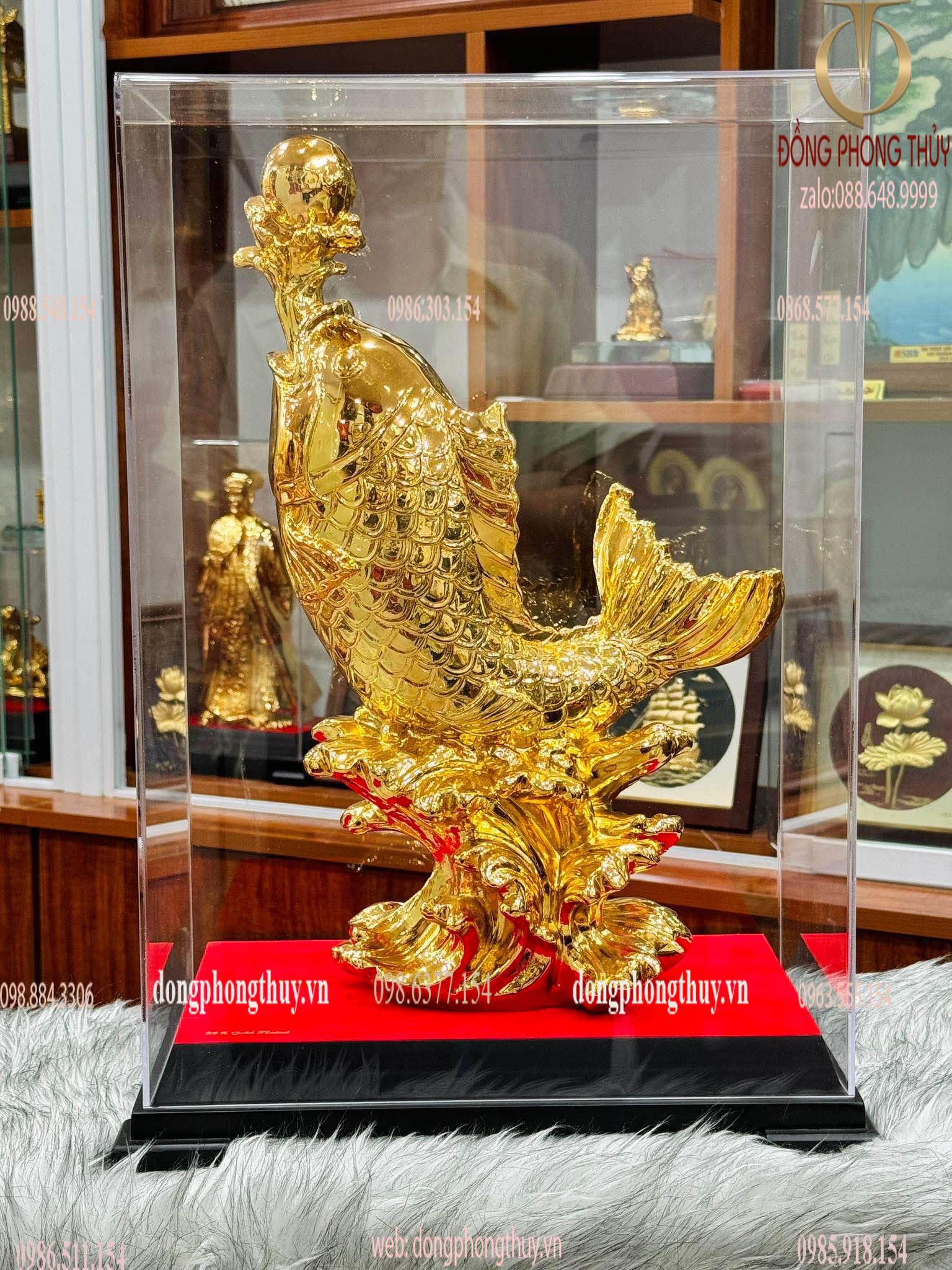 Cá chép hóa rồng bằng đồng dát vàng 24k Cao 39 ngang 15 sâu 13 nặng 3,9kg