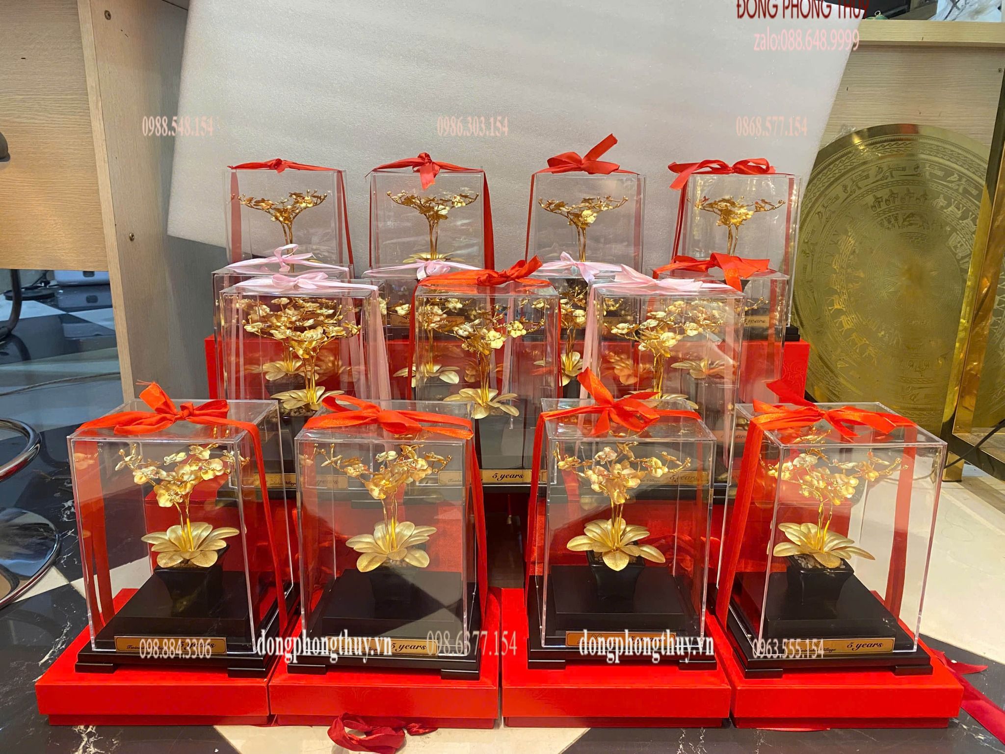 chậu lan hồ điệp 3 cành bằng đồng mạ vàng 24k