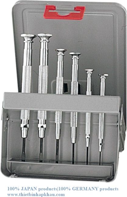 Bộ tua vít 6 mẫu trong hộp kim loại (Watchmaker’s screwdriver set, 6-piece in a sheet metal case). Code: 3.04.400.0309 | www.thietbinhapkhau.com | Công ty PQ 